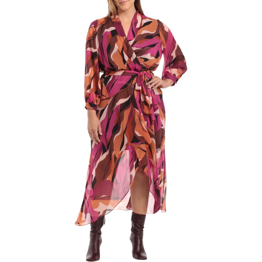 NWT DONNA‎ MORGAN Abstract Print Long Sleeve Wrap Midi Dress. Size 14